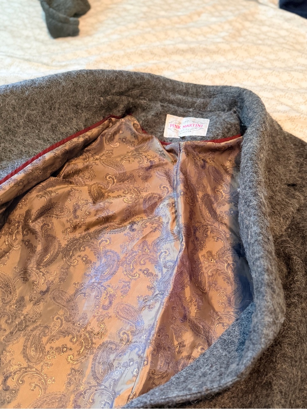 Pink Martini Gray Wool Coat with Paisley Satin Lining and Red Trim